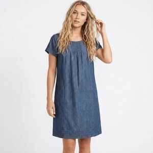 Boden Montmartre Denim Shift Dress 12R Blue Chambray Pockets Pintuck Mod Classic